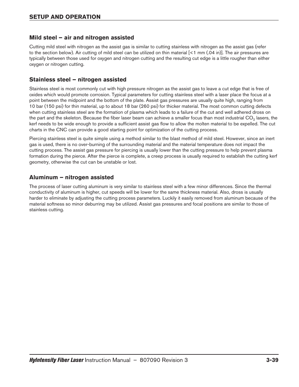Mild steel – air and nitrogen assisted, Stainless steel – nitrogen assisted, Aluminum – nitrogen assisted | Hypertherm HyIntensity Fiber Laser Rev.3 User Manual | Page 147 / 240