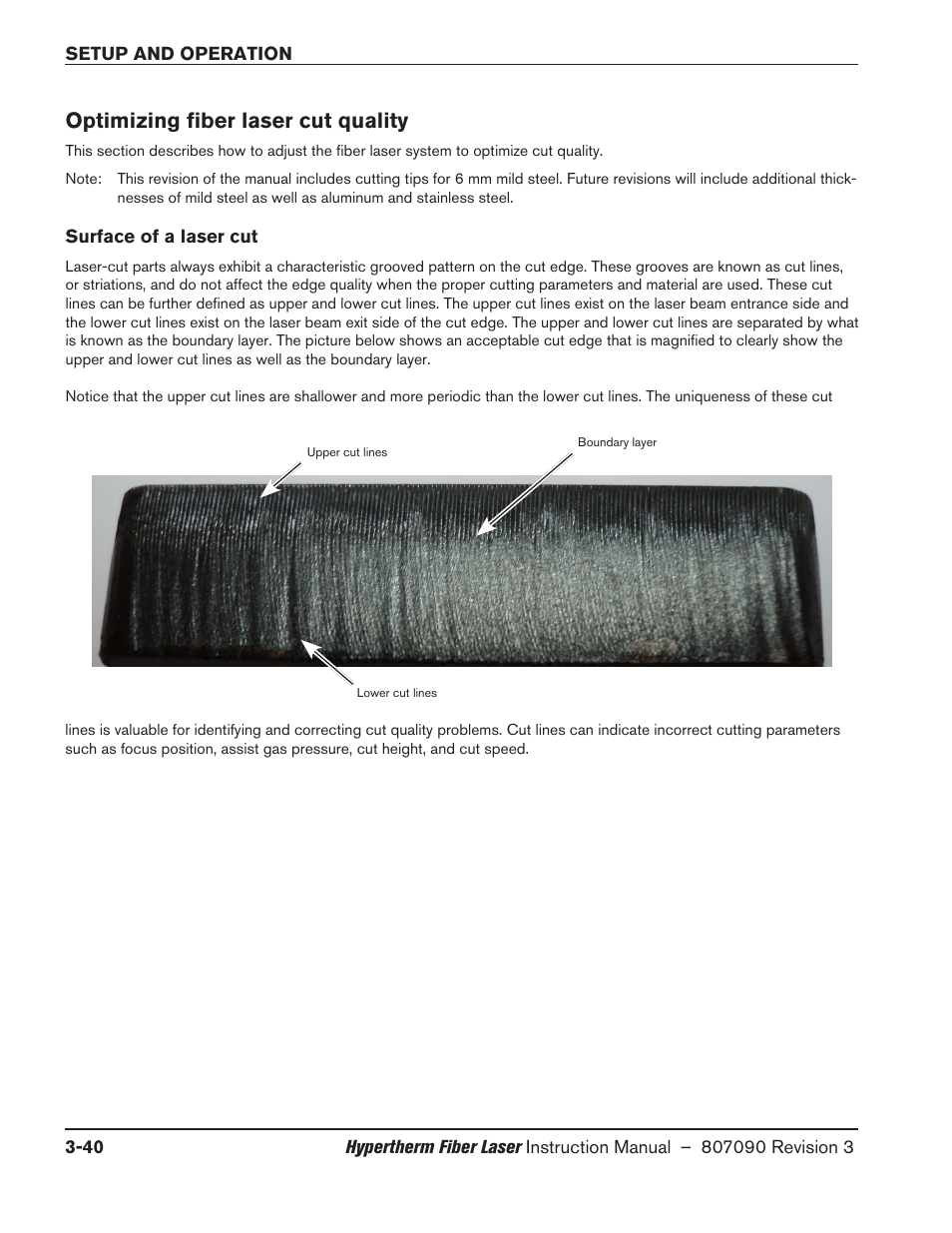 Optimizing fiber laser cut quality, Surface of a laser cut, Optimizing fiber laser cut quality -40 | Surface of a laser cut -40 | Hypertherm HyIntensity Fiber Laser Rev.3 User Manual | Page 148 / 240