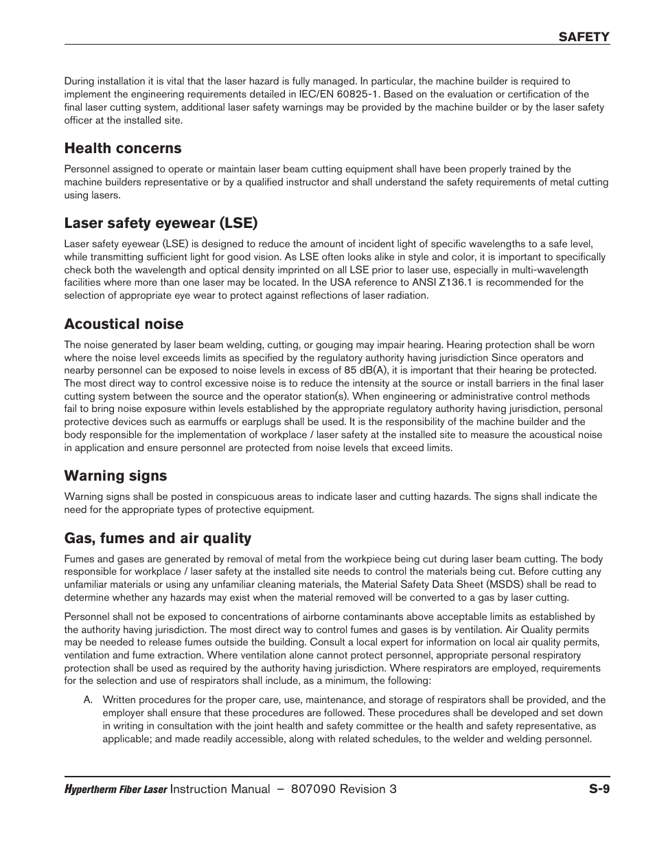 Health concerns, Laser safety eyewear (lse), Acoustical noise | Warning signs, Gas, fumes and air quality | Hypertherm HyIntensity Fiber Laser Rev.3 User Manual | Page 19 / 240