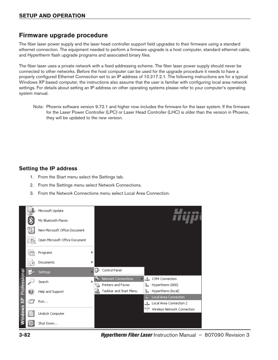 Firmware upgrade procedure, Setting the ip address, Firmware upgrade procedure -82 | Setting the ip address -82 | Hypertherm HyIntensity Fiber Laser Rev.3 User Manual | Page 190 / 240
