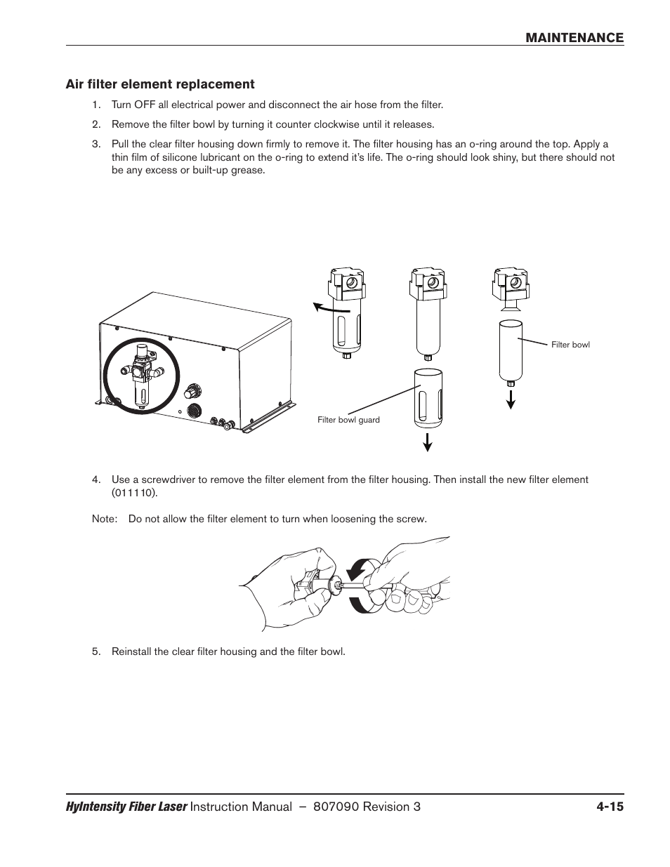 Air filter element replacement, Air filter element replacement -15 | Hypertherm HyIntensity Fiber Laser Rev.3 User Manual | Page 207 / 240