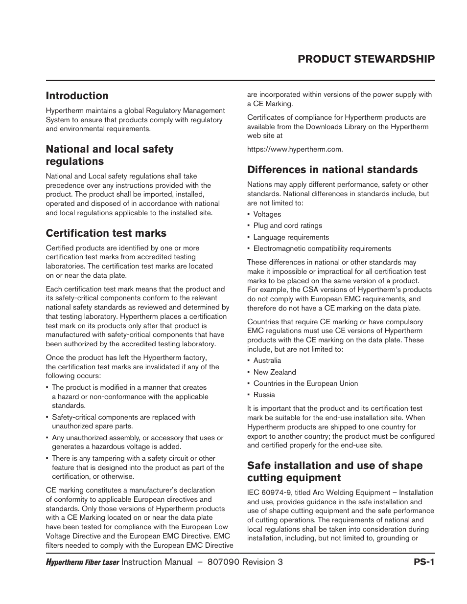 Product stewardship, Introduction, National and local safety regulations | Certification test marks, Differences in national standards | Hypertherm HyIntensity Fiber Laser Rev.3 User Manual | Page 23 / 240