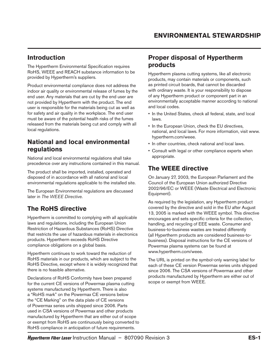 Environmental stewardship, Introduction, National and local environmental regulations | The rohs directive, Proper disposal of hypertherm products, The weee directive, The reach regulation, Environmental stewardship introduction | Hypertherm HyIntensity Fiber Laser Rev.3 User Manual | Page 27 / 240