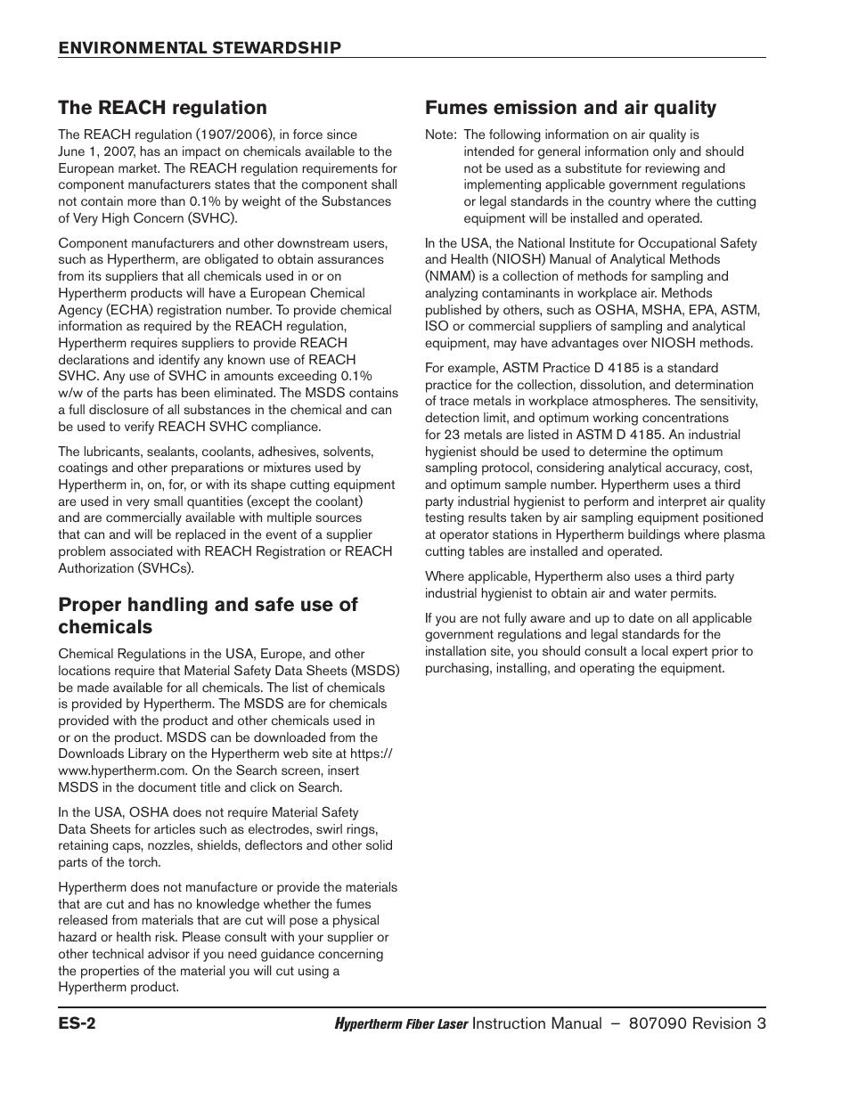 Proper handling and safe use of chemicals, Fumes emission and air quality, The reach regulation | Hypertherm HyIntensity Fiber Laser Rev.3 User Manual | Page 28 / 240