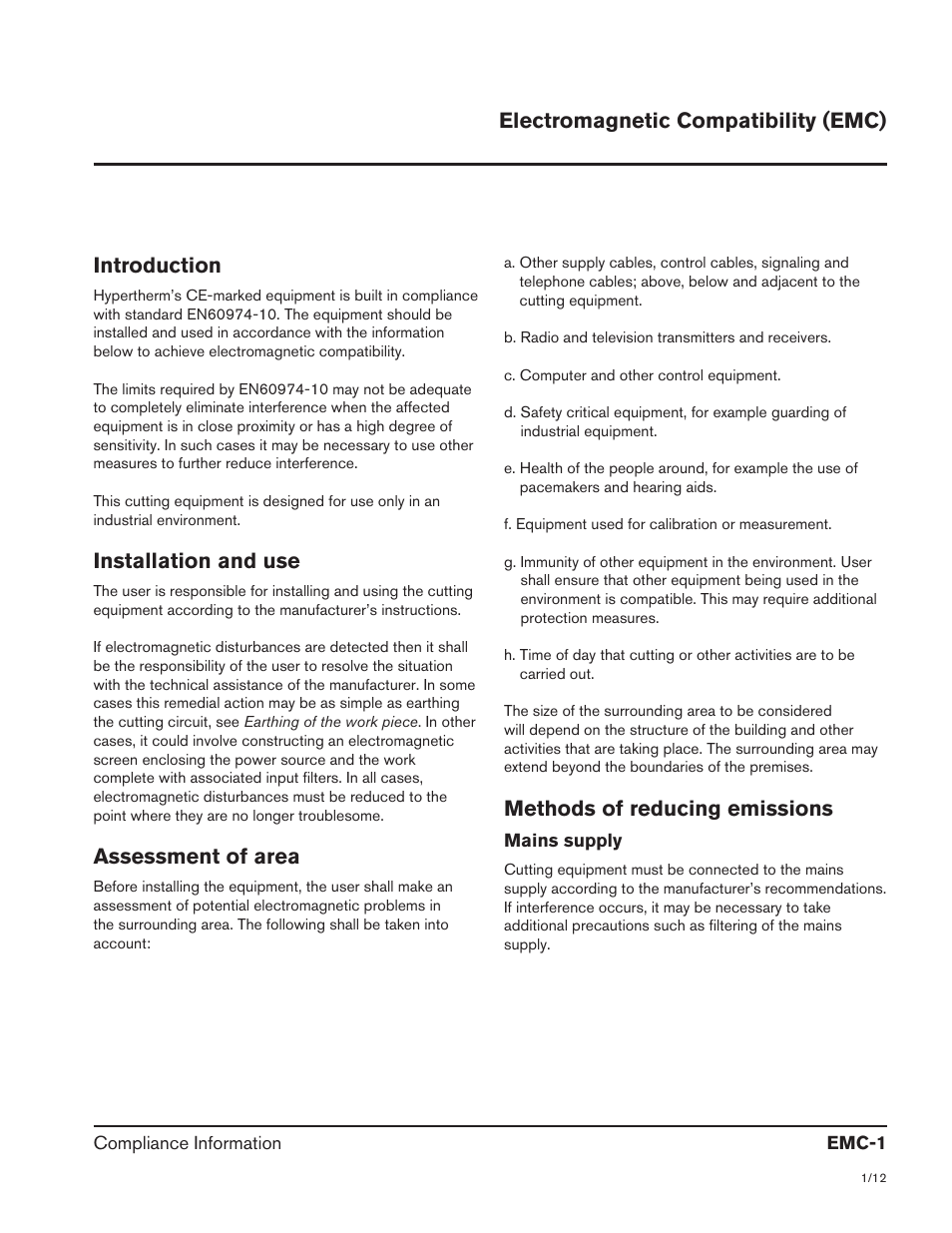 Electromagnetic compatibility (emc), Introduction, Installation and use | Assessment of area, Methods of reducing emissions, Mains supply, Electromagnetic compatibility (emc) introduction | Hypertherm HyIntensity Fiber Laser Rev.3 User Manual | Page 29 / 240