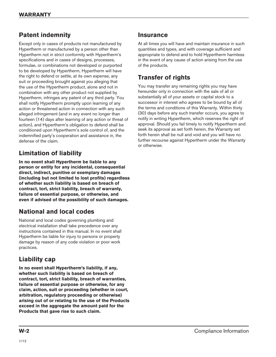 Patent indemnity, Limitation of liability, National and local codes | Liability cap, Insurance, Transfer of rights | Hypertherm HyIntensity Fiber Laser Rev.3 User Manual | Page 32 / 240