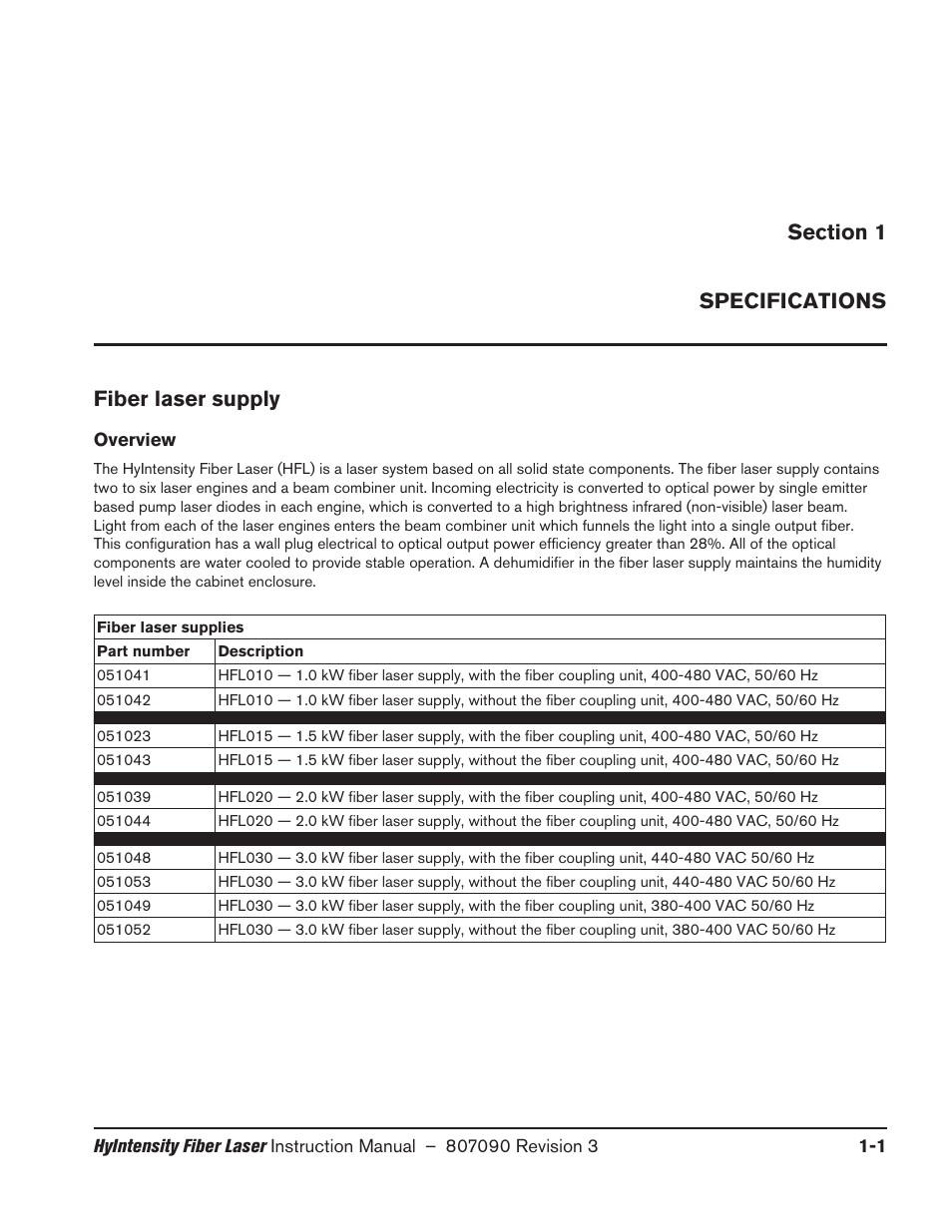 Specifications, Fiber laser supply, Overview | Specifications -1, Fiber laser supply -1, Overview -1 | Hypertherm HyIntensity Fiber Laser Rev.3 User Manual | Page 33 / 240