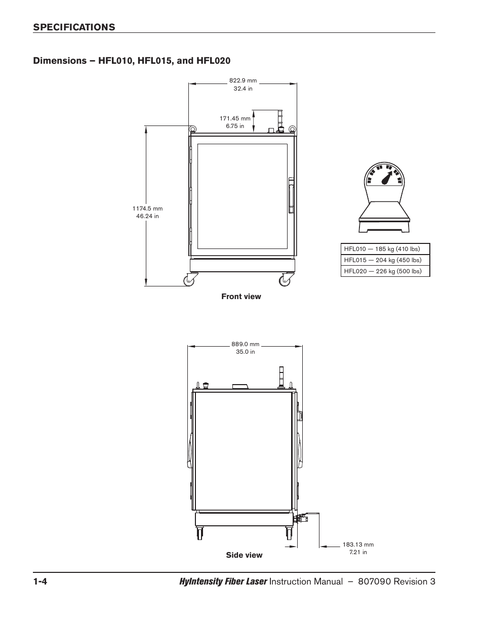 Dimensions – hfl010, hfl015, and hfl020, Dimensions – hfl010, hfl015, and hfl020 -4, Specifications 1-4 | Hypertherm HyIntensity Fiber Laser Rev.3 User Manual | Page 36 / 240