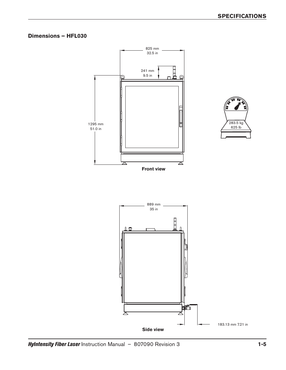 Dimensions – hfl030, Dimensions – hfl030 -5, 5 dimensions – hfl030 | Hypertherm HyIntensity Fiber Laser Rev.3 User Manual | Page 37 / 240