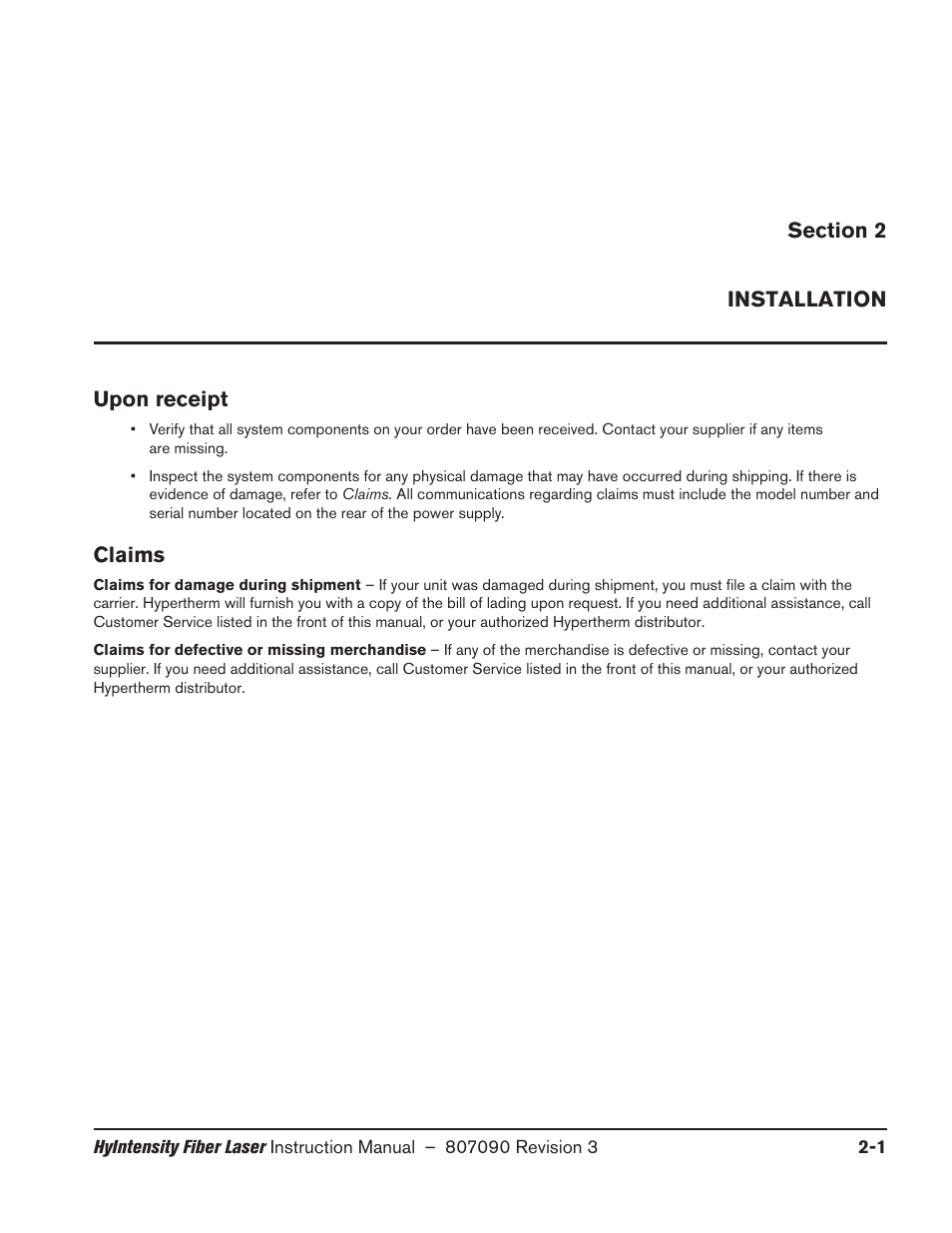 Installation, Upon receipt, Claims | Installation -1, Upon receipt -1 claims -1 | Hypertherm HyIntensity Fiber Laser Rev.3 User Manual | Page 49 / 240