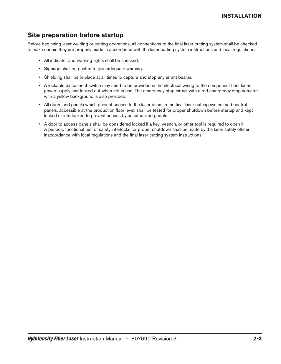 Site preparation before startup, Site preparation before startup -3 | Hypertherm HyIntensity Fiber Laser Rev.3 User Manual | Page 51 / 240