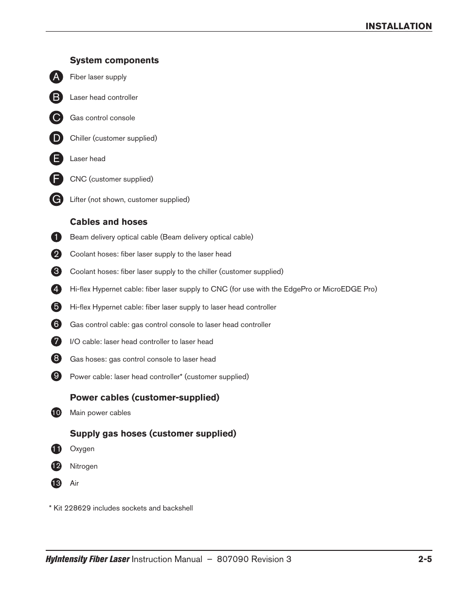 System components, Cables and hoses, Power cables (customer-supplied) | Supply gas hoses (customer supplied) | Hypertherm HyIntensity Fiber Laser Rev.3 User Manual | Page 53 / 240