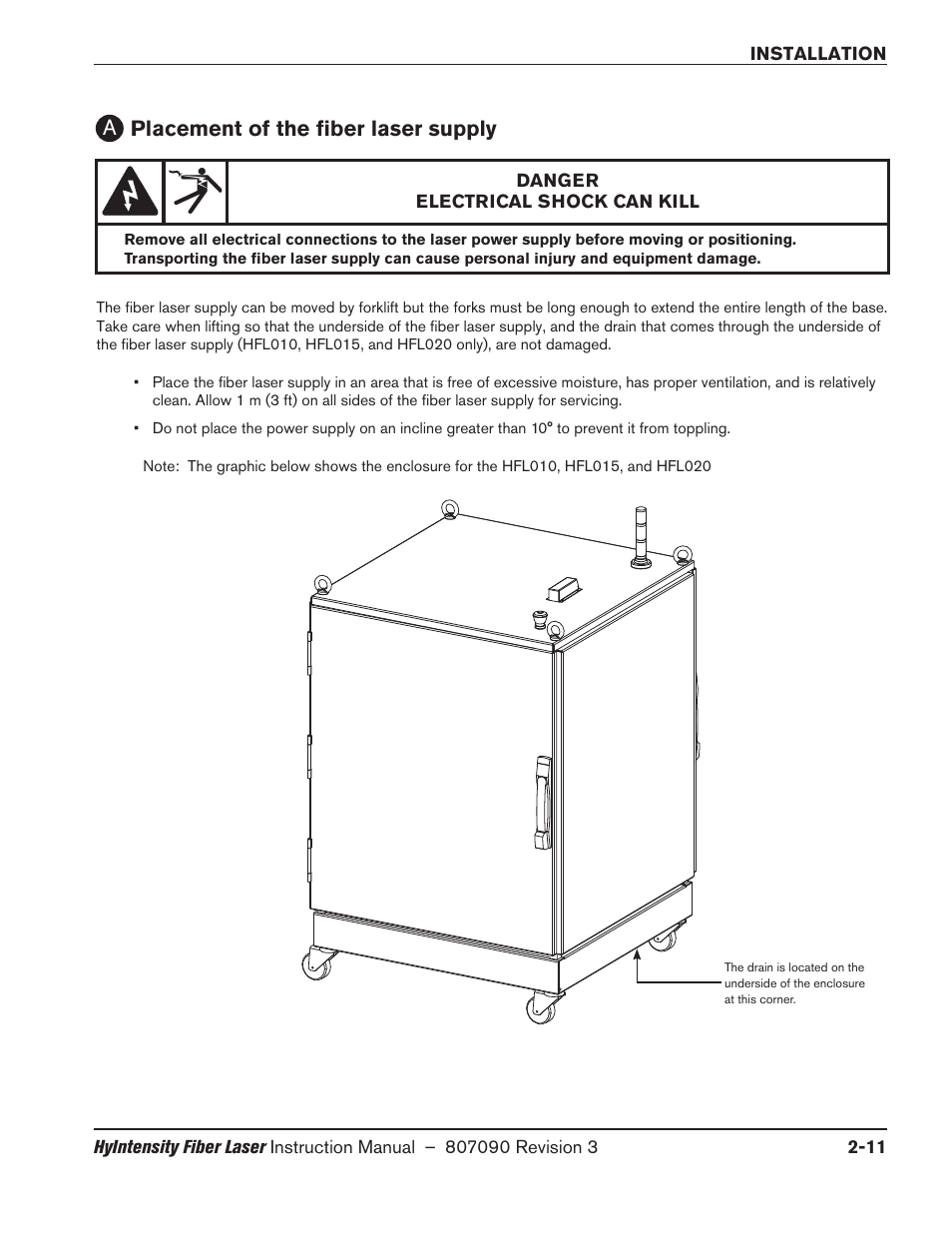 Placement of the fiber laser supply, Placement of the fiber laser supply -11, Aplacement of the fiber laser supply | Hypertherm HyIntensity Fiber Laser Rev.3 User Manual | Page 59 / 240