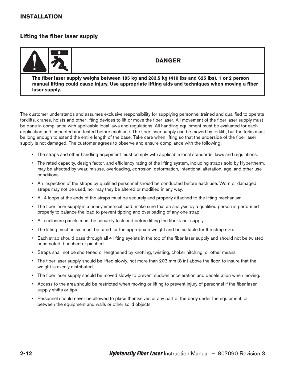 Lifting the fiber laser supply, Lifting the fiber laser supply -12 | Hypertherm HyIntensity Fiber Laser Rev.3 User Manual | Page 60 / 240