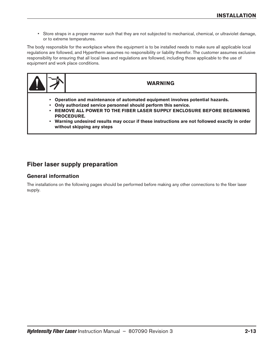 Fiber laser supply preparation, General information, Fiber laser supply preparation -13 | General information -13 | Hypertherm HyIntensity Fiber Laser Rev.3 User Manual | Page 61 / 240