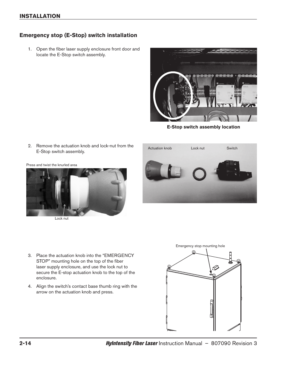 Emergency stop (e-stop) switch installation, Emergency stop (e-stop) switch installation -14 | Hypertherm HyIntensity Fiber Laser Rev.3 User Manual | Page 62 / 240