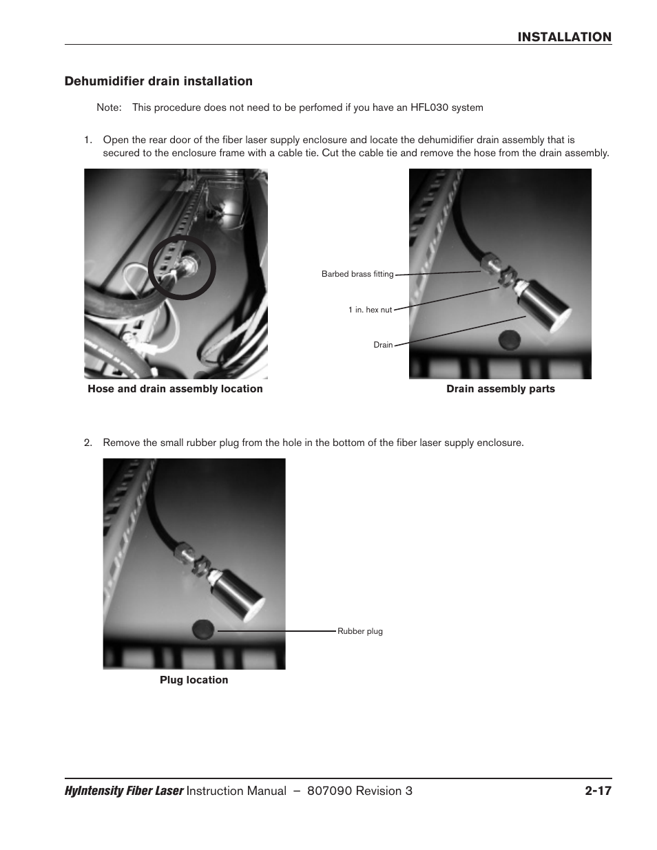Dehumidifier drain installation, Dehumidifier drain installation -17 | Hypertherm HyIntensity Fiber Laser Rev.3 User Manual | Page 65 / 240