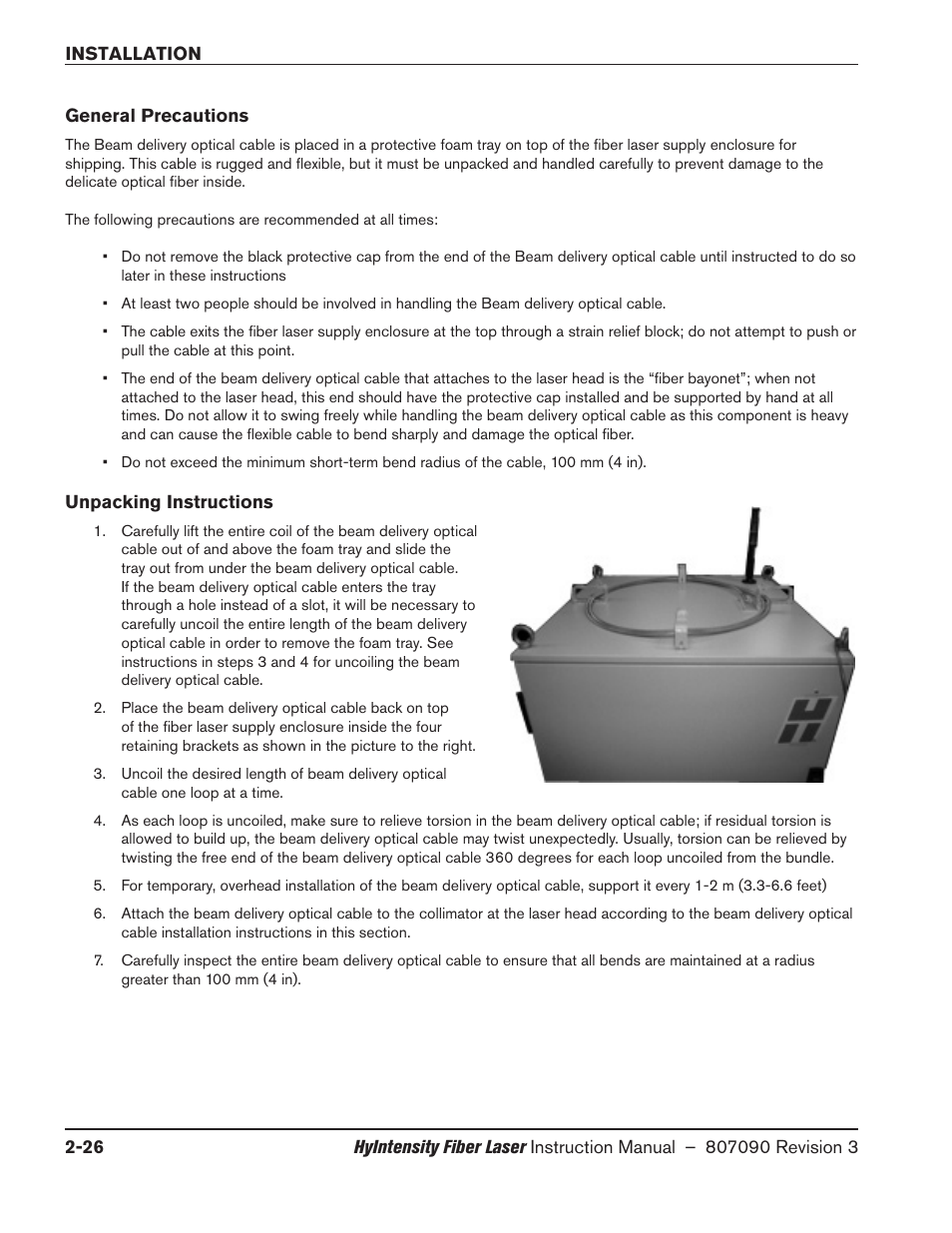 General precautions, Unpacking instructions, General precautions -26 unpacking instructions -26 | Hypertherm HyIntensity Fiber Laser Rev.3 User Manual | Page 74 / 240