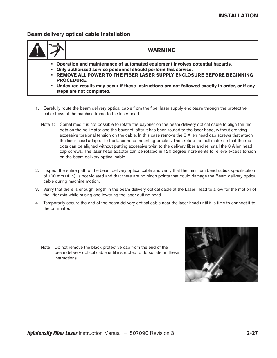 Beam delivery optical cable installation, Beam delivery optical cable installation -27 | Hypertherm HyIntensity Fiber Laser Rev.3 User Manual | Page 75 / 240