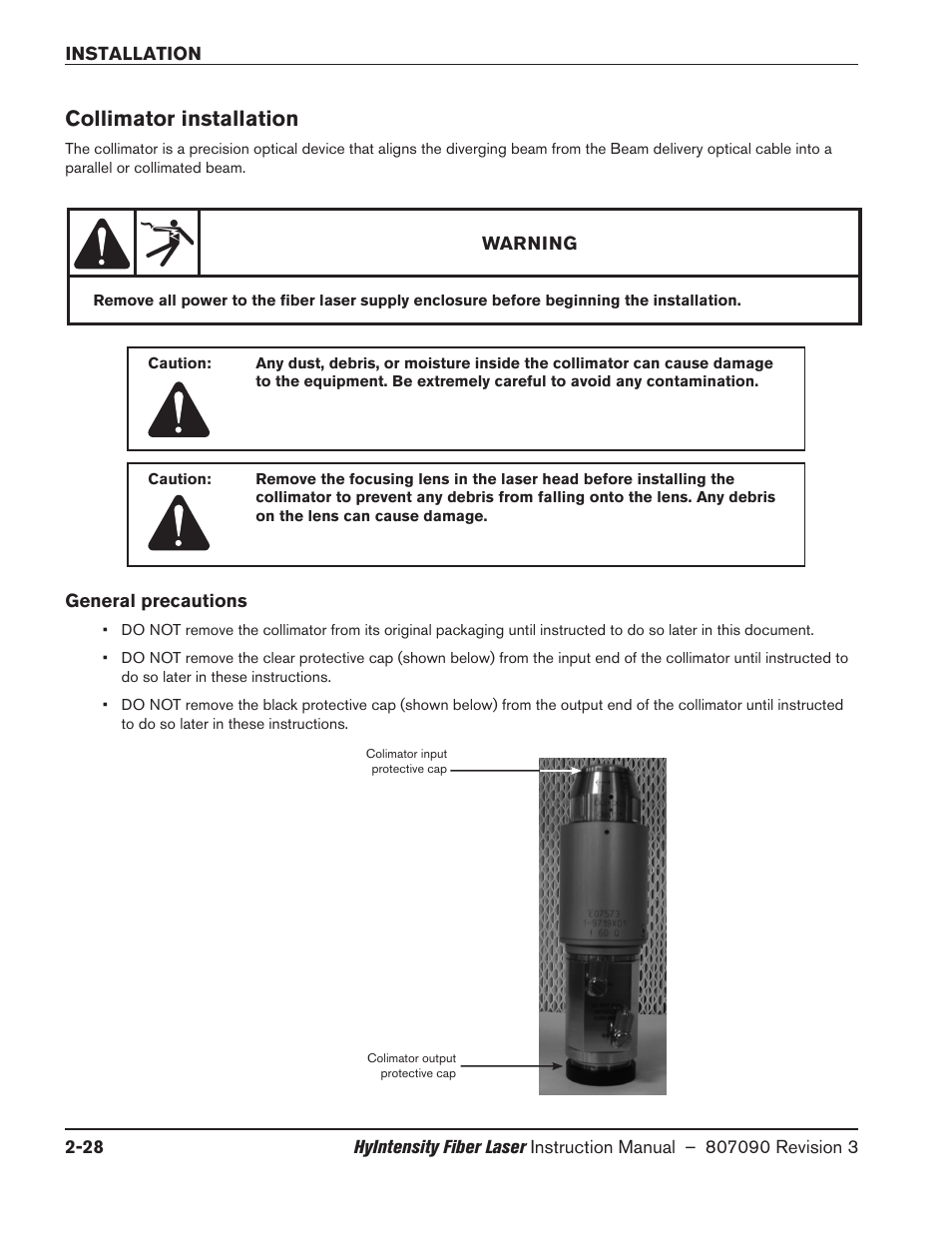 Collimator installation, General precautions, Collimator installation -28 | General precautions -28 | Hypertherm HyIntensity Fiber Laser Rev.3 User Manual | Page 76 / 240
