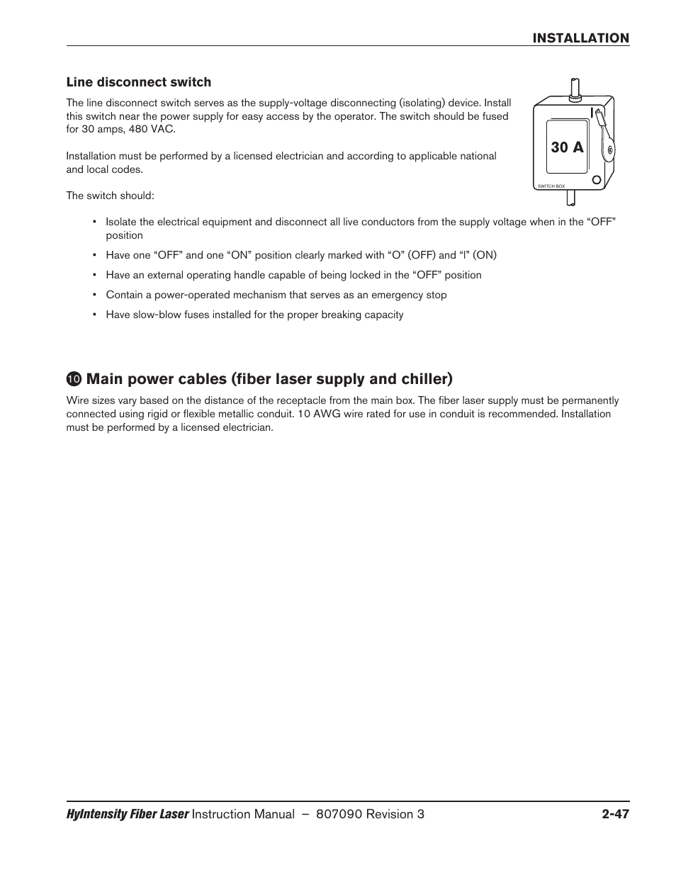 Line disconnect switch, Main power cables (fiber laser supply and chiller), Line disconnect switch -47 | 30 a | Hypertherm HyIntensity Fiber Laser Rev.3 User Manual | Page 95 / 240