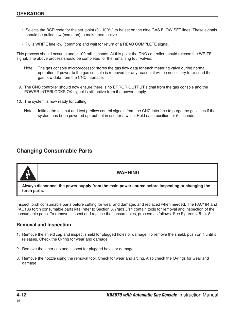 Changing consumable parts -12, Removal and inspection -12, Changing consumable parts | Hypertherm HD3070 Plasma Arc Cutting System w/ Automatic Gas Console User Manual | Page 101 / 281