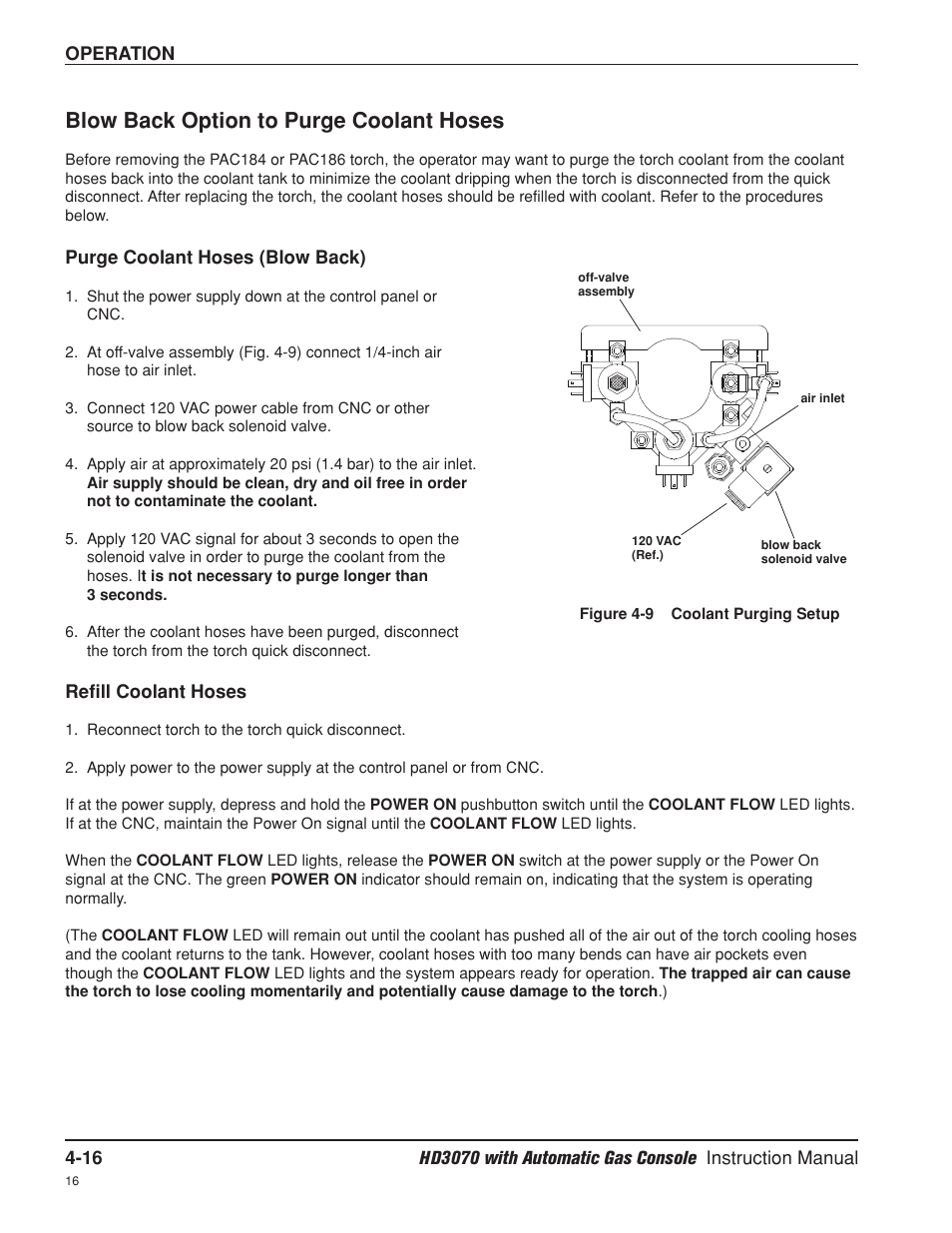 Blow back option to purge coolant hoses -16, Blow back option to purge coolant hoses | Hypertherm HD3070 Plasma Arc Cutting System w/ Automatic Gas Console User Manual | Page 105 / 281