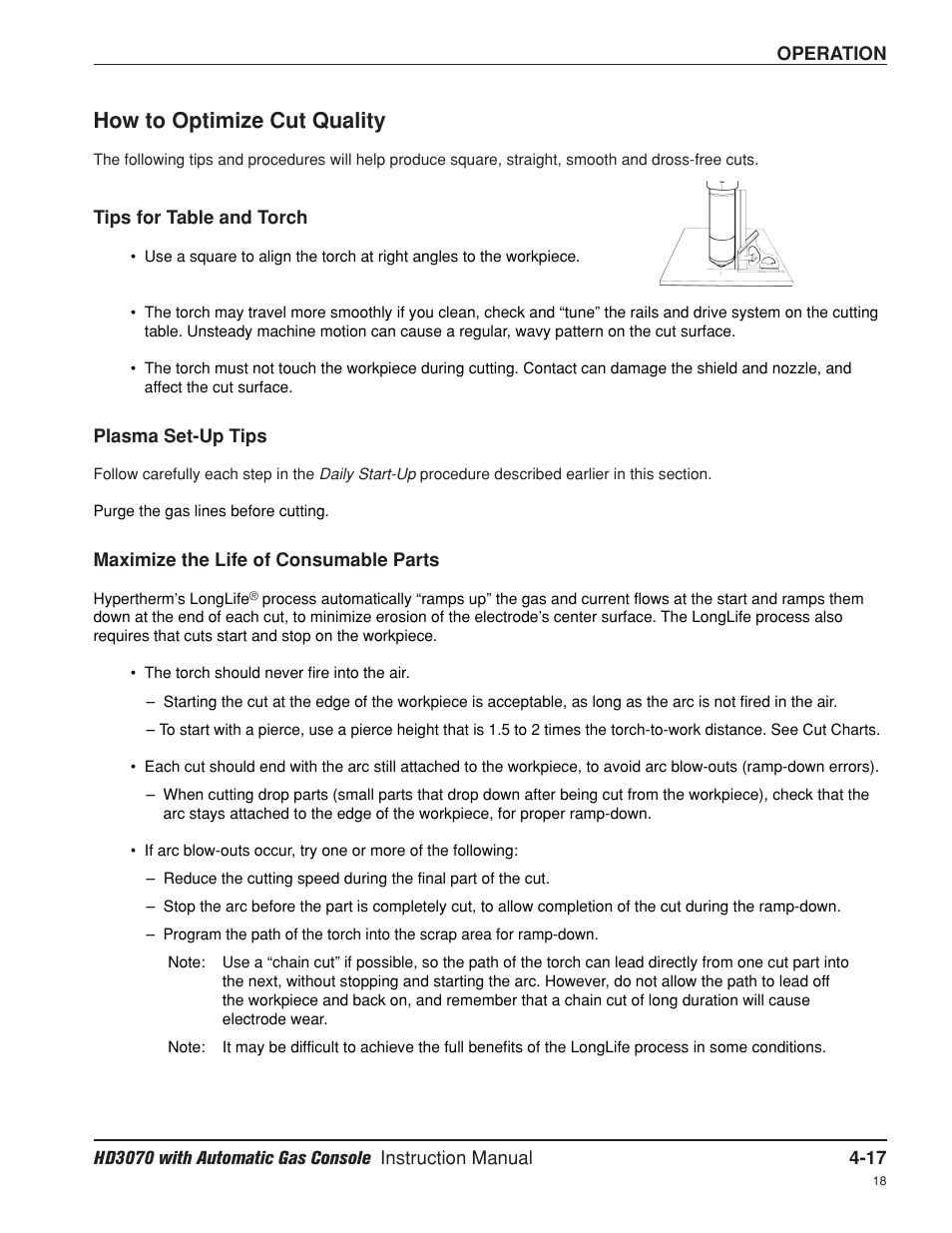 How to optimize cut quality -17, Tips for table and torch -17, Plasma set-up tips -17 | Maximize the life of consumable parts -17, How to optimize cut quality | Hypertherm HD3070 Plasma Arc Cutting System w/ Automatic Gas Console User Manual | Page 106 / 281