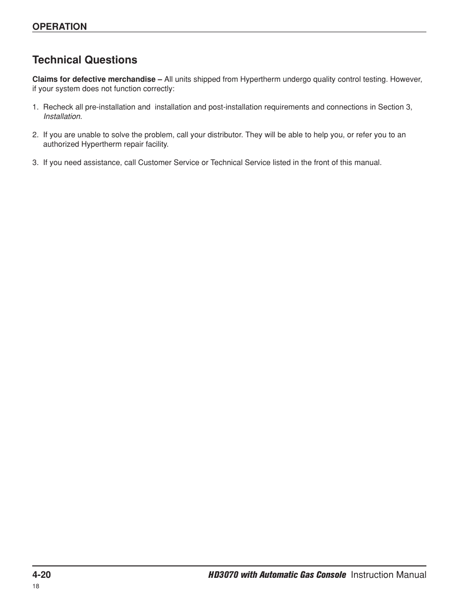 Technical questions -20, Technical questions | Hypertherm HD3070 Plasma Arc Cutting System w/ Automatic Gas Console User Manual | Page 109 / 281