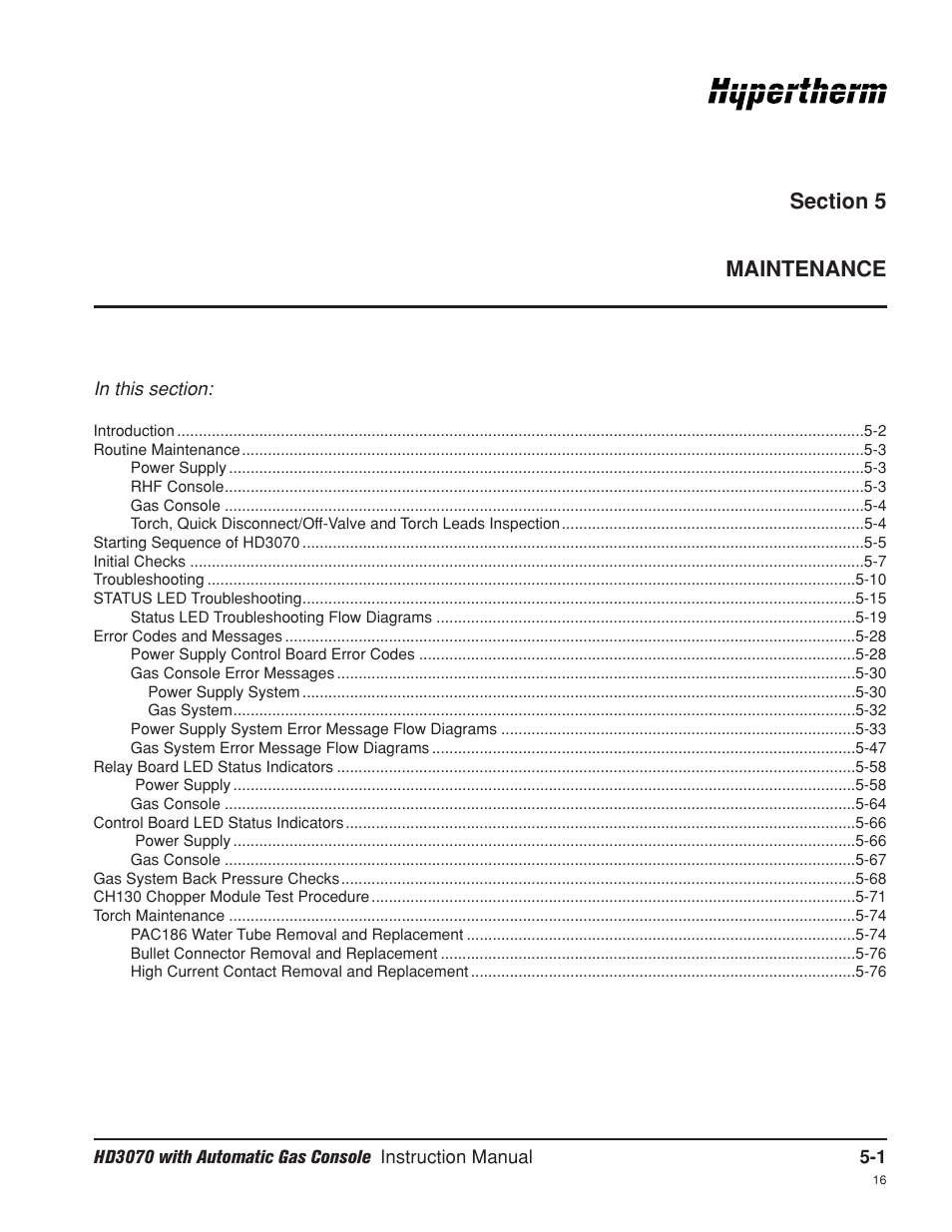 Section 5 maintenance, Section 5, Maintenance -1 | Hypertherm HD3070 Plasma Arc Cutting System w/ Automatic Gas Console User Manual | Page 126 / 281