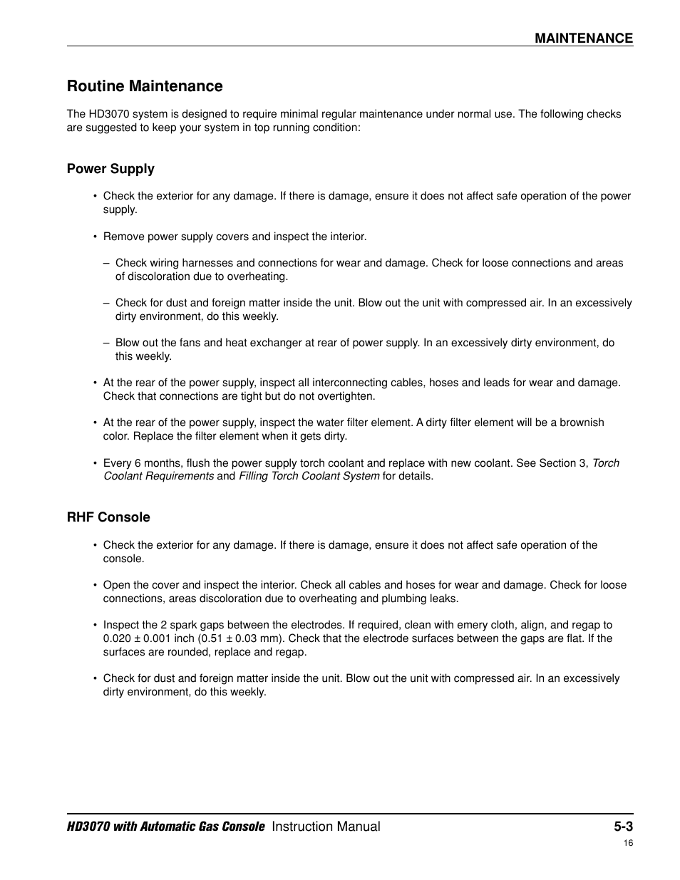 Routine maintenance -3, Power supply -3, Rhf console -3 | Power supply -3 rhf console -3, Routine maintenance | Hypertherm HD3070 Plasma Arc Cutting System w/ Automatic Gas Console User Manual | Page 128 / 281