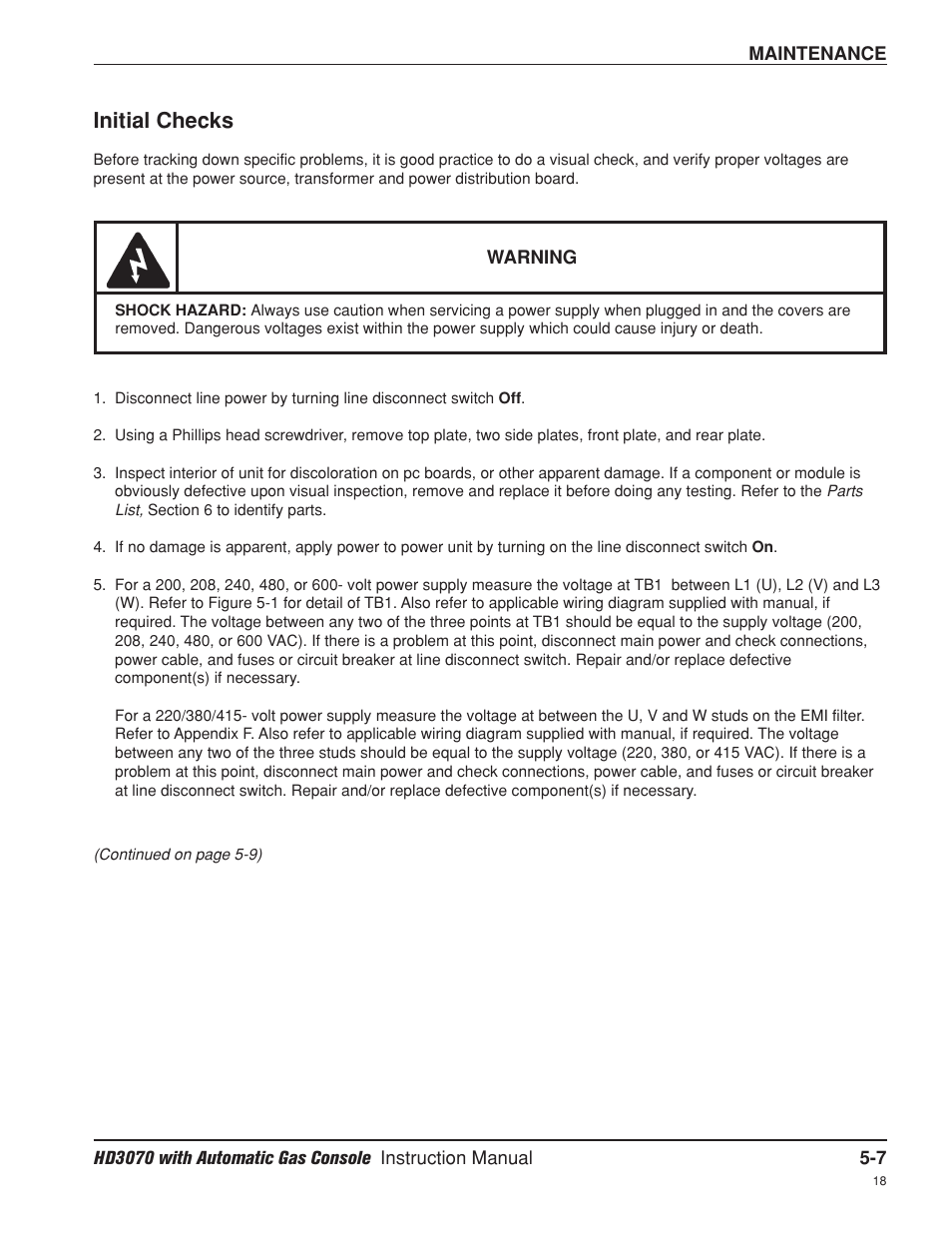 Initial checks -7, Initial checks | Hypertherm HD3070 Plasma Arc Cutting System w/ Automatic Gas Console User Manual | Page 132 / 281