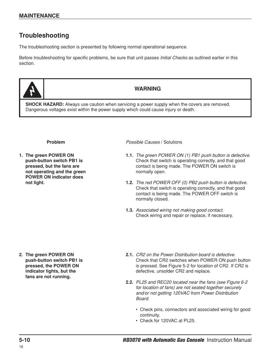 Troubleshooting -10, Troubleshooting | Hypertherm HD3070 Plasma Arc Cutting System w/ Automatic Gas Console User Manual | Page 135 / 281