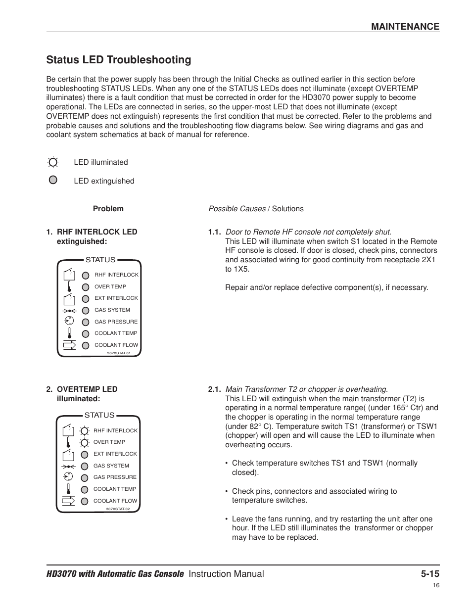 Status led troubleshooting -15, Status led troubleshooting, Maintenance | Hypertherm HD3070 Plasma Arc Cutting System w/ Automatic Gas Console User Manual | Page 140 / 281