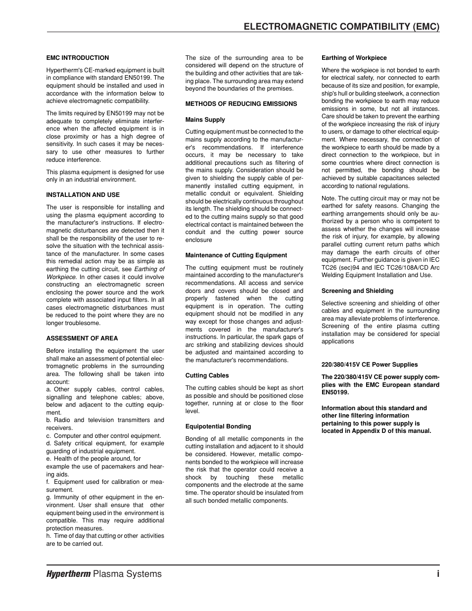 Electromagnetic compatibility (emc), Hypertherm plasma systems i | Hypertherm HD3070 Plasma Arc Cutting System w/ Automatic Gas Console User Manual | Page 16 / 281