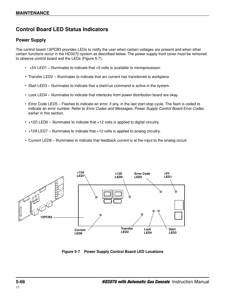 Control board led status indicators -66, Power supply -66, Control board led status indicators | Hypertherm HD3070 Plasma Arc Cutting System w/ Automatic Gas Console User Manual | Page 191 / 281