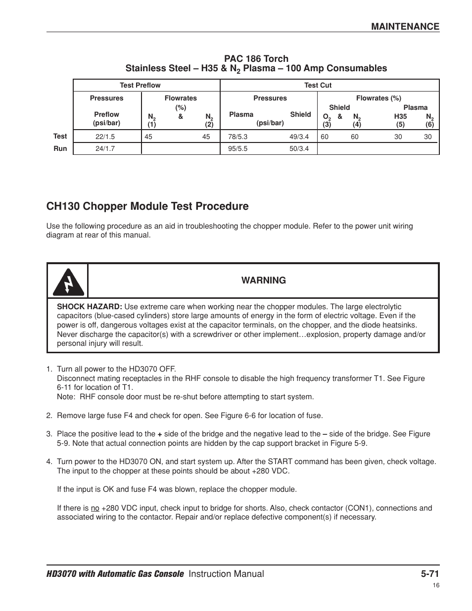 Ch130 chopper module test procedure -71, Ch130 chopper module test procedure, Maintenance | Warning, Plasma – 100 amp consumables | Hypertherm HD3070 Plasma Arc Cutting System w/ Automatic Gas Console User Manual | Page 196 / 281