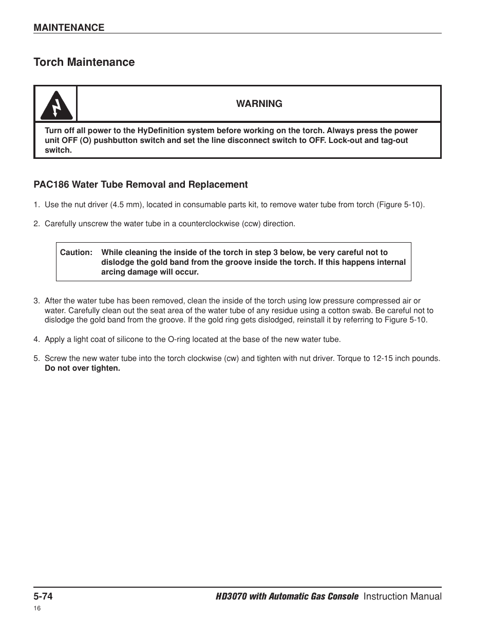 Torch maintenance -74, Pac186 water tube removal and replacement -74, Torch maintenance | Hypertherm HD3070 Plasma Arc Cutting System w/ Automatic Gas Console User Manual | Page 199 / 281