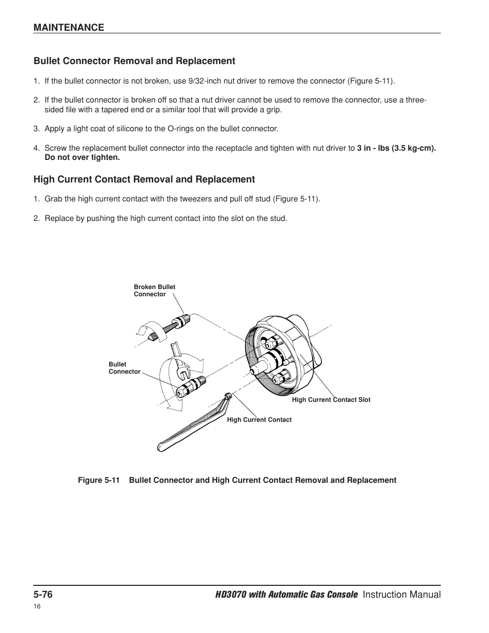 Bullet connector removal and replacement -76, High current contact removal and replacement -76 | Hypertherm HD3070 Plasma Arc Cutting System w/ Automatic Gas Console User Manual | Page 201 / 281