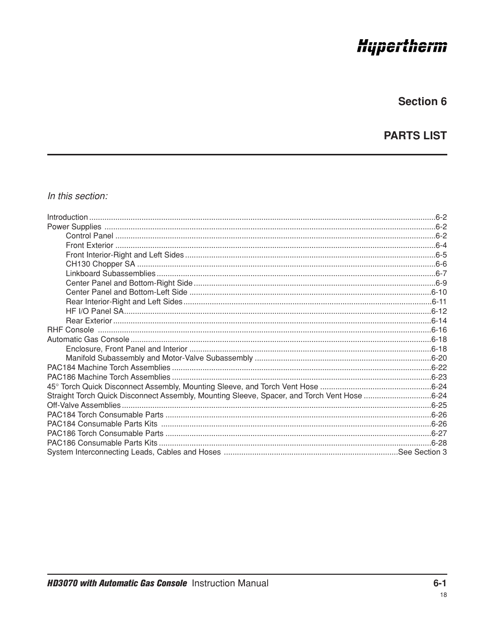 Section 6 parts list, Section 6, Parts list -1 | Hypertherm HD3070 Plasma Arc Cutting System w/ Automatic Gas Console User Manual | Page 202 / 281