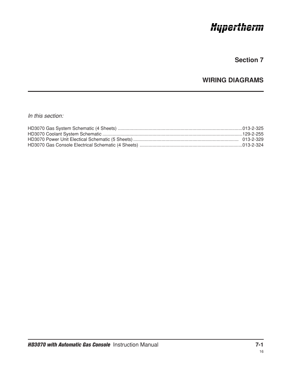 Section 7 wiring diagrams, Section 7, Wiring diagrams -1 | Hypertherm HD3070 Plasma Arc Cutting System w/ Automatic Gas Console User Manual | Page 229 / 281