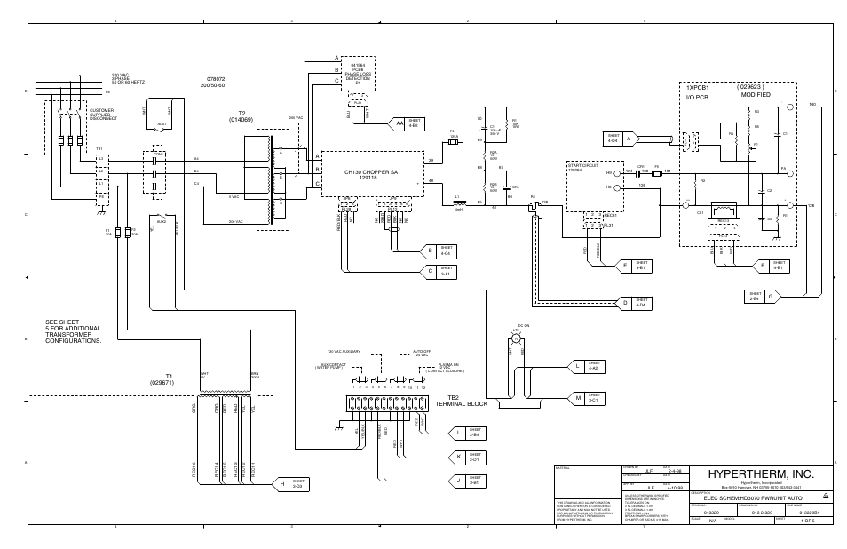 Hypertherm, inc, Terminal block tb2, I/o pcb | Modified, 1xpcb1, Ch130 chopper sa, Aa a b c, Elec schem:hd3070 pwrunit auto | Hypertherm HD3070 Plasma Arc Cutting System w/ Automatic Gas Console User Manual | Page 237 / 281