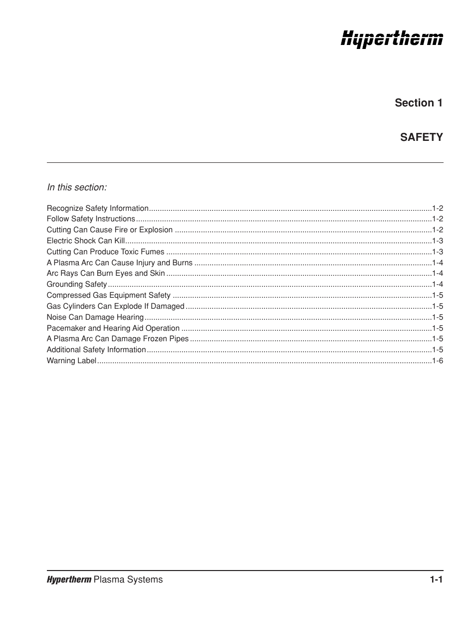 Section 1 safety, Section 1 safety -1 | Hypertherm HD3070 Plasma Arc Cutting System w/ Automatic Gas Console User Manual | Page 24 / 281