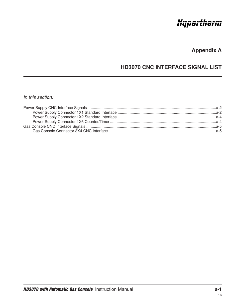 Appendix a hd3070 cnc interface signal list, Appendix a | Hypertherm HD3070 Plasma Arc Cutting System w/ Automatic Gas Console User Manual | Page 246 / 281