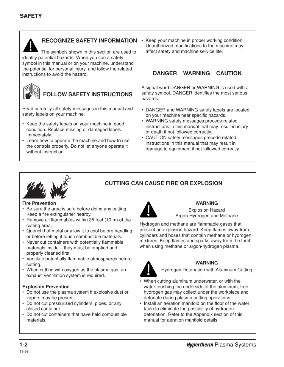 Recognize safety information -2, Follow safety instructions -2, Cutting can cause fire or explosion -2 | Hypertherm HD3070 Plasma Arc Cutting System w/ Automatic Gas Console User Manual | Page 25 / 281