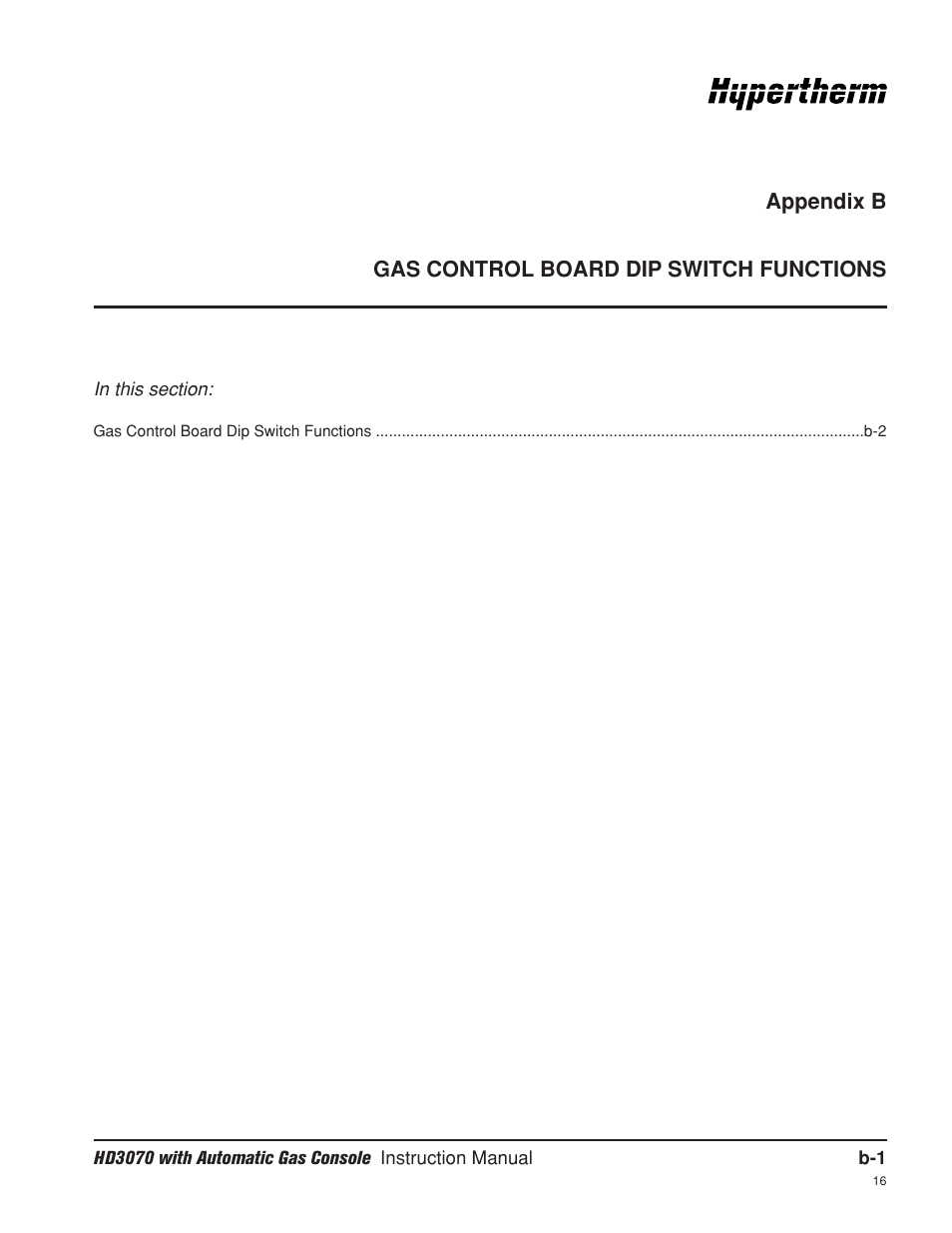 Appendix b gas control board dip switch functions, Appendix b | Hypertherm HD3070 Plasma Arc Cutting System w/ Automatic Gas Console User Manual | Page 252 / 281