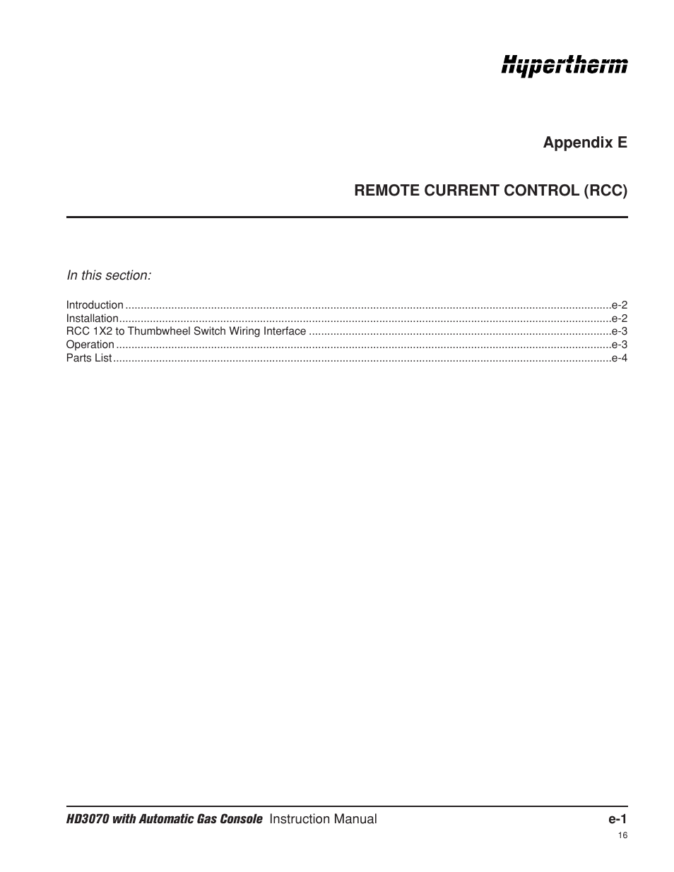 Appendix e remote current control (rcc), Appendix e | Hypertherm HD3070 Plasma Arc Cutting System w/ Automatic Gas Console User Manual | Page 269 / 281