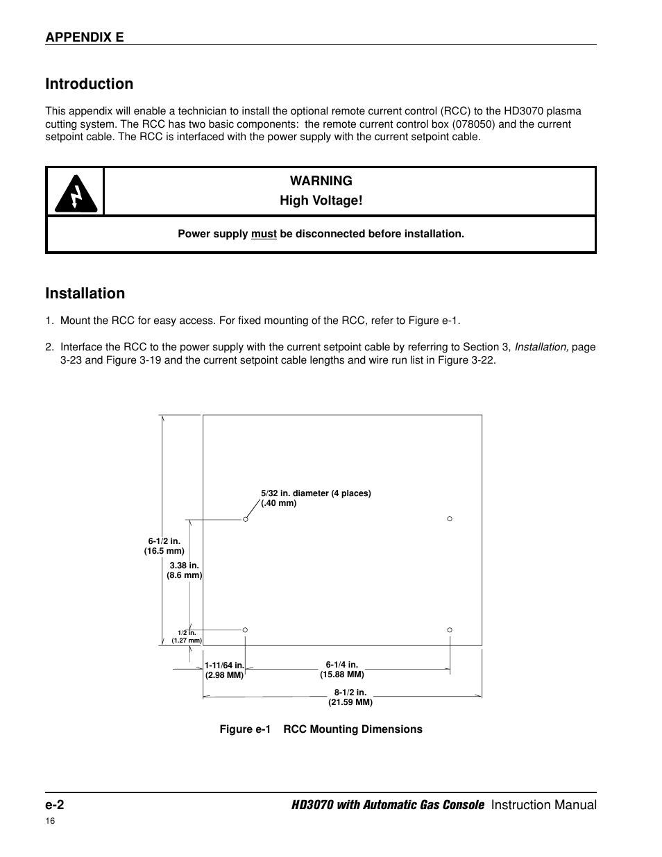 Introduction, Installation, Appendix e | Warning high voltage | Hypertherm HD3070 Plasma Arc Cutting System w/ Automatic Gas Console User Manual | Page 270 / 281