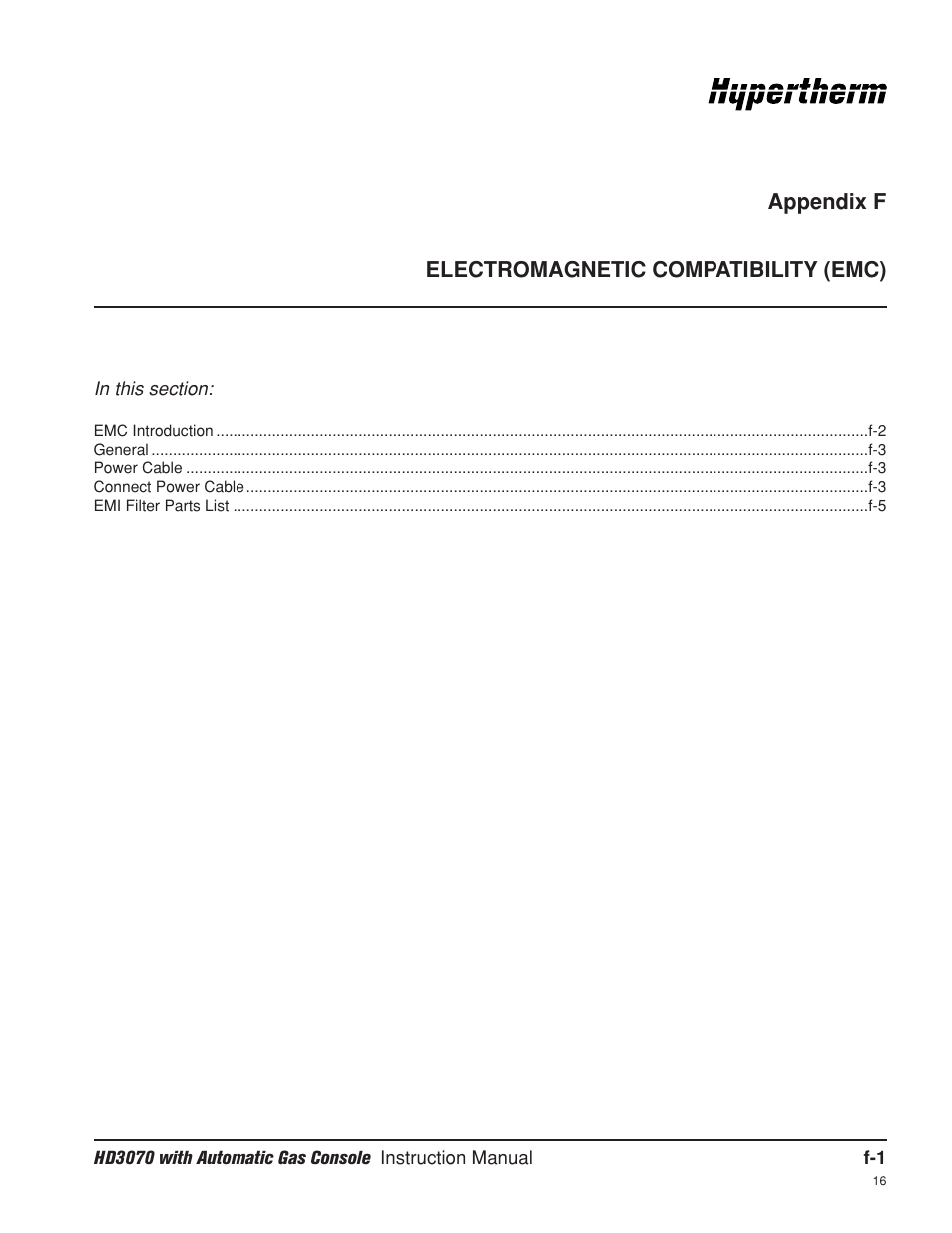 Appendix f electromagnetic compatibility (emc), Appendix f | Hypertherm HD3070 Plasma Arc Cutting System w/ Automatic Gas Console User Manual | Page 273 / 281