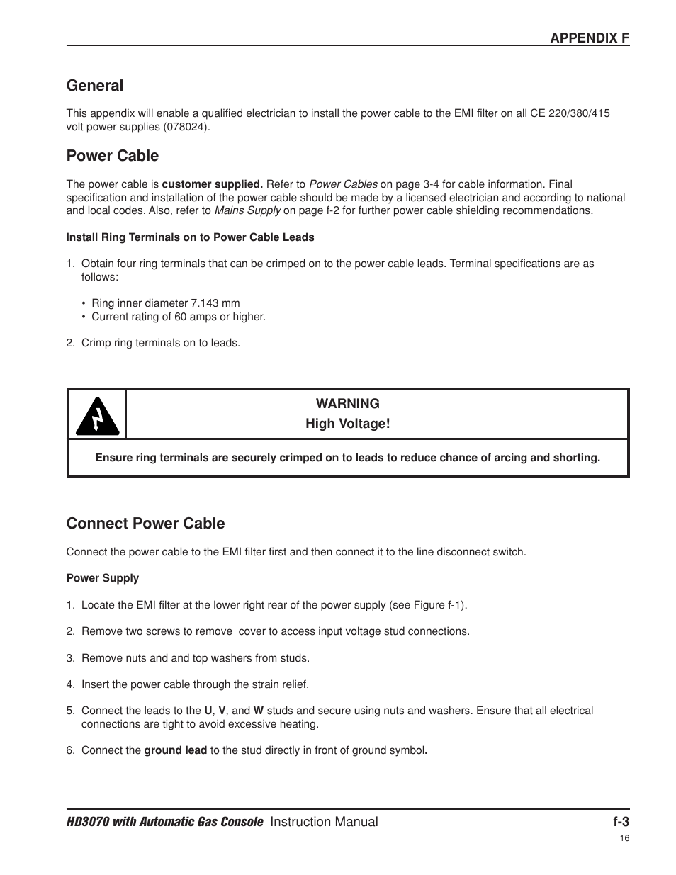 General, Power cable, Connect power cable | Hypertherm HD3070 Plasma Arc Cutting System w/ Automatic Gas Console User Manual | Page 275 / 281